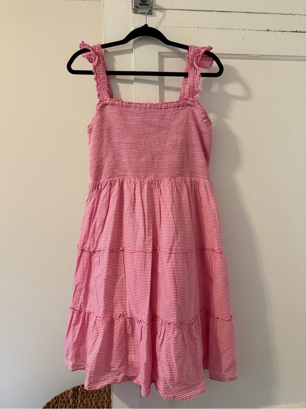 J. Crew Pink Striped Tiered Sundress with Ruffled Straps
